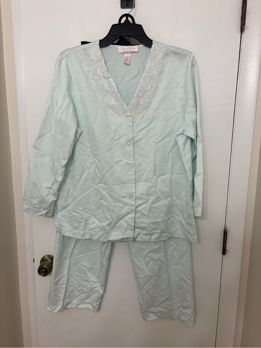 Vtg Oscar de la Renta Pink Label Mint Green Satin Pajama Set Lace Trim S